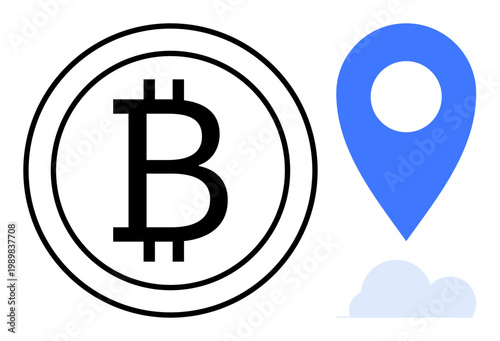 Cryptocurrency, blockchain technology, digital currency, geolocation, map services, and fintech. Bitcoin symbol alongside a location marker with a cloud. Cryptocurrency and geolocation concepts