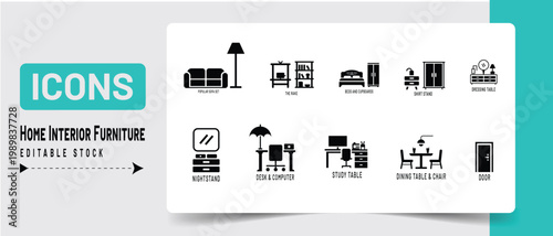 Home interior furniture icons, sofas, beds, tables, and storage vector design.