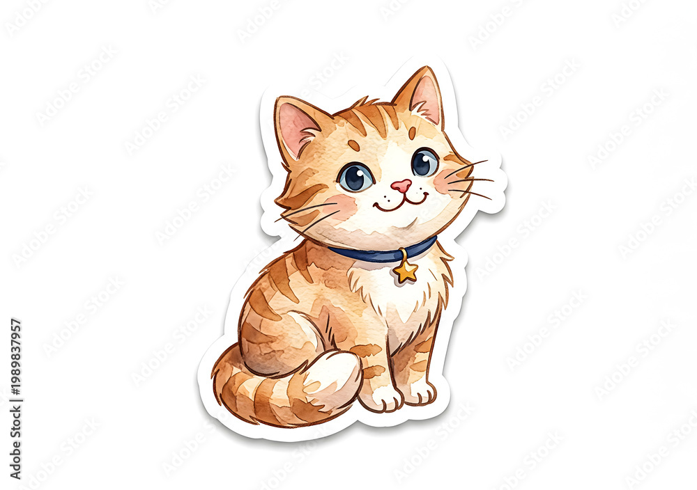 Fototapeta premium Cute Sitting Orange Tabby Kitten - Watercolor Illustration