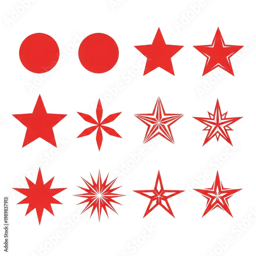 A vibrant collection of red and white christmas ornaments with stars isolated on transparent background