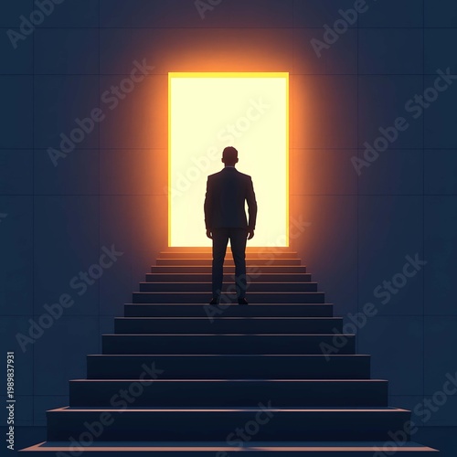 Silhouette of a businessman standing on stairs facing a glowing doorway, symbolizing opportunity, success, ambition, and future vision in a modern conceptual scene (1)