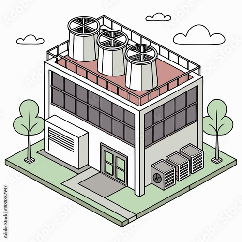 Isometric industrial facility with cooling towers and hvac industrial facility building isometric architecture industry manufacturing technology exterior business engineering environment