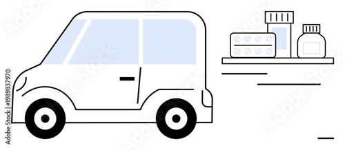Medical delivery, contactless services, supply chain, telemedicine support, logistics, pharmaceutical transportation. Small car alongside medicine packages. Medical delivery and contactless services