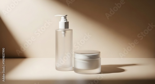 Minimal cosmetic product bottles with dispenser and jar in soft sunlight on neutral background