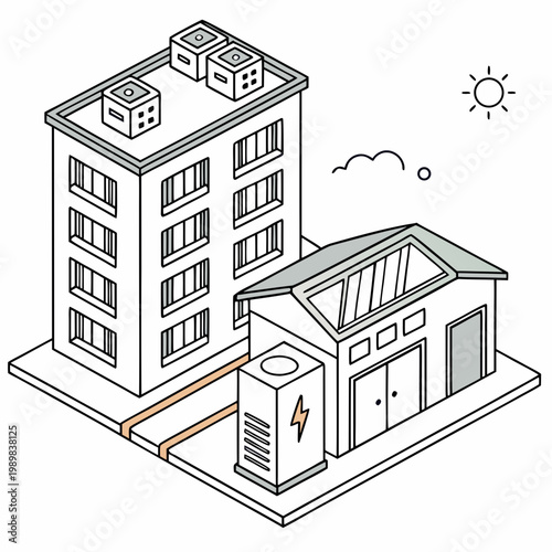 Isometric energy infrastructure plant with solar powered buildings isometric building architecture electricity transformer sustainable renewable technology infrastructure illustration