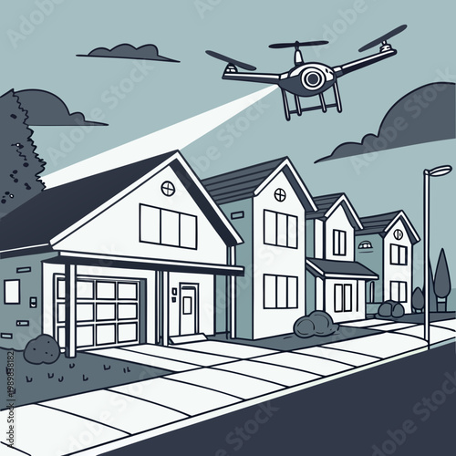 Neighborhood street surveillance using aerial drone camera with surveillance neighborhood security residential monitoring protection technology scanning quadcopter suburban spotlight