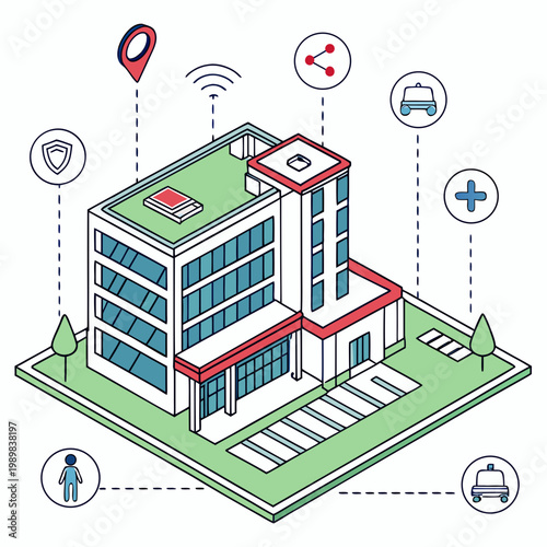 Smart hospital building isometric concept with navigation and logistics hospital healthcare isometric building navigation transport logistics security technology communication facility