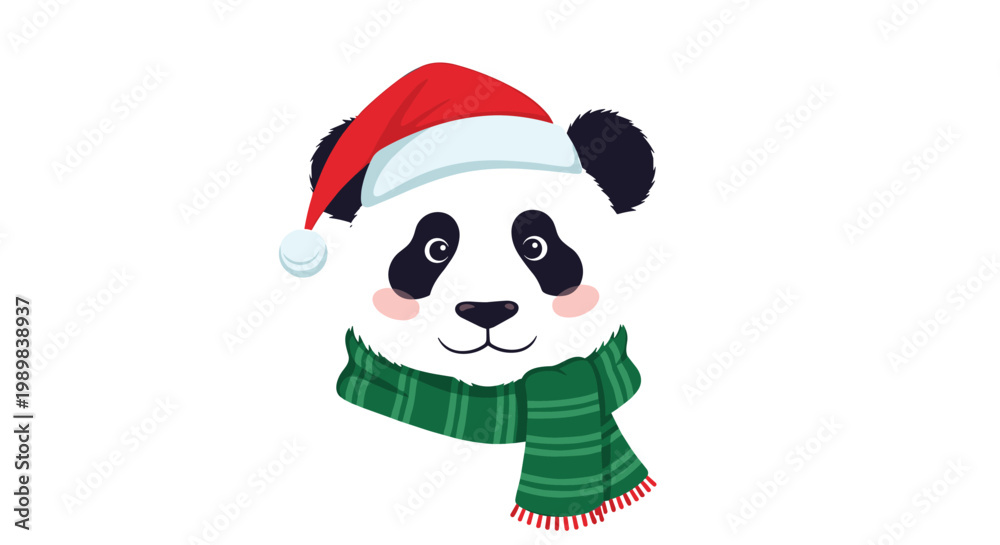 Fototapeta premium Adorable panda head illustration wearing a festive red Santa hat and a green knit scarf for the cozy winter holiday season.