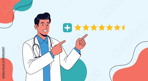Friendly male doctor pointing at a five-star rating to represent his excellent medical service and high patient satisfaction.