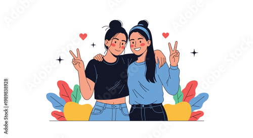 Two happy best friends embracing and showing peace signs while posing together in a trendy and colorful fashion illustration.