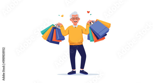 Cheerful elderly senior man carrying multiple colorful shopping bags after a successful and fun retail therapy session.