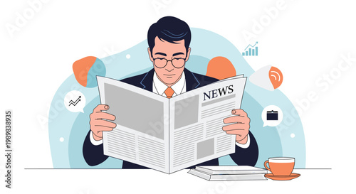 Professional businessman reading the latest global news and financial reports in a newspaper while sitting at his office desk.
