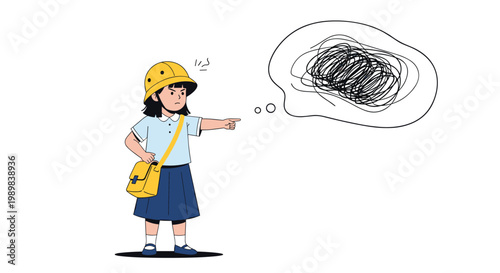 Confused schoolgirl pointing her finger while having complicated and messy scribbled thoughts in her mind during a lesson.