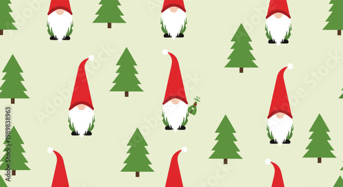 Festive holiday seamless pattern with cute gnomes holding Christmas presents among green pine trees on a light background.