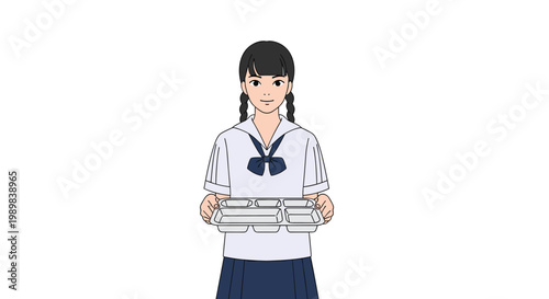 Polite young schoolgirl in a traditional sailor uniform politely holding a lunch tray in a school cafeteria setting.