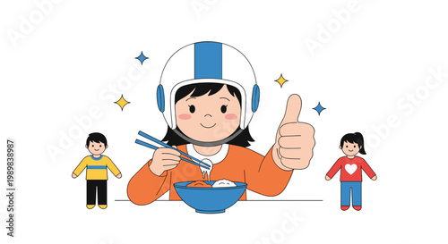 Young girl wearing a safety helmet happily eating a bowl of noodles with chopsticks and giving a thumbs up sign.