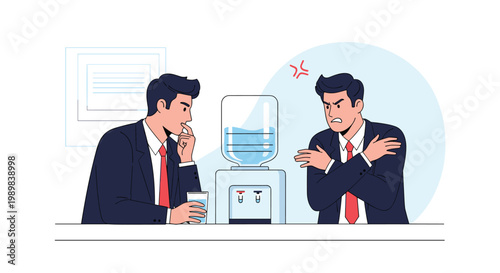 Two businessmen having an angry confrontation or argument next to an office water cooler during a break time.