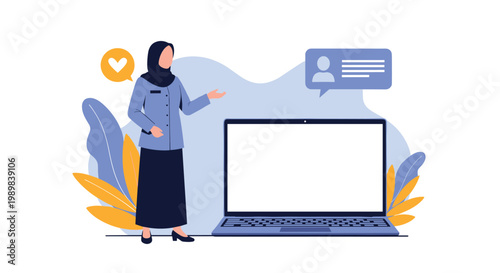 Professional woman wearing a hijab and uniform presenting information on a large laptop screen in a modern office.