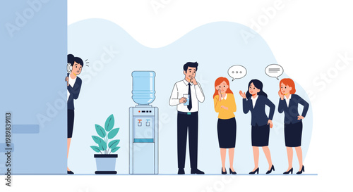 Group of office colleagues gossiping around a water cooler while a woman secretly listens from behind a grey wall.