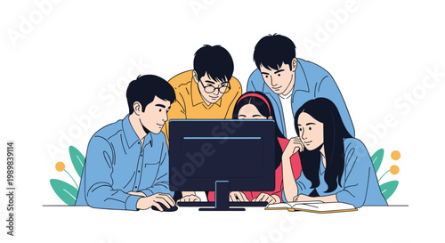 Diverse group of young students collaborating and discussing something while looking at a computer screen together.