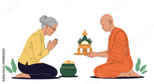 Respectful senior woman kneeling and offering a tray of ceremonial food to a Buddhist monk for a traditional merit ritual.