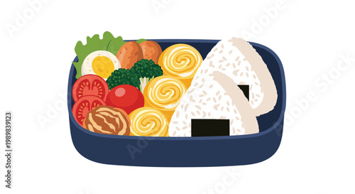 Traditional Japanese bento lunch box containing onigiri rice balls, omelet, meatballs, broccoli, and tomatoes.