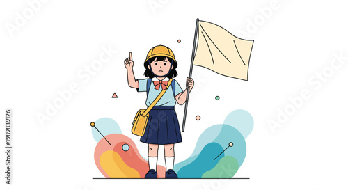 Serious young schoolgirl in a uniform and helmet holding a large white flag while pointing upwards in an abstract setting.