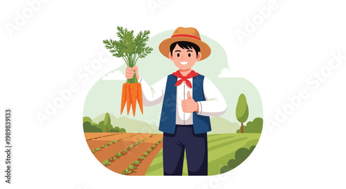 Smiling young farmer wearing a straw hat and holding a fresh bunch of orange carrots in a fertile agricultural field.