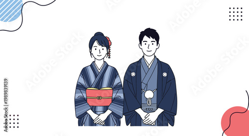 Traditional Japanese couple dressed in formal dark blue kimonos standing together for a ceremony or special celebration.