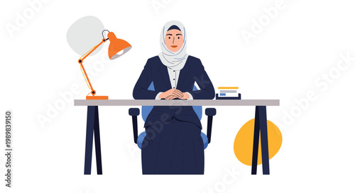Professional businesswoman wearing a white hijab and dark blue suit sits confidently at her office desk with a desk lamp.