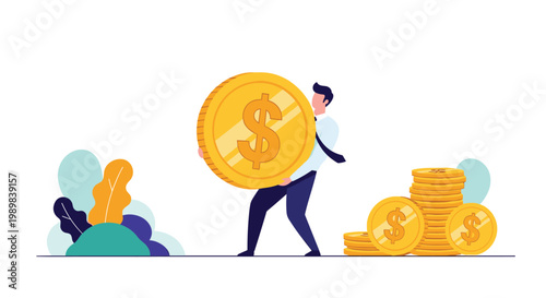 Successful businessman carries a giant gold dollar coin past piles of money to represent financial growth and wealth accumulation.