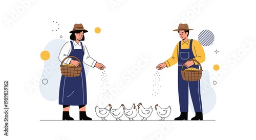 Pair of hardworking farmers in traditional overalls and straw hats feed a line of white chickens grain from wicker baskets.
