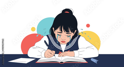 Sad schoolgirl in a traditional sailor uniform cries while studying hard and writing in her notebook at a desk late at night.