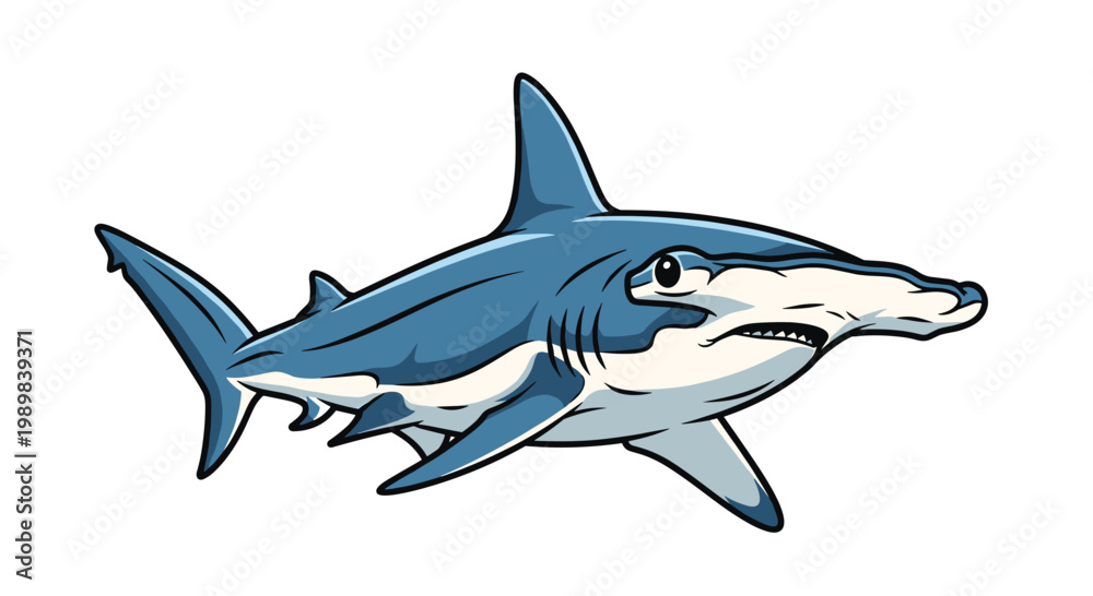 Fototapeta premium Powerful hammerhead shark swimming, showcasing its distinctive T-shaped head and fierce demeanor, illustrated boldly on a white background.