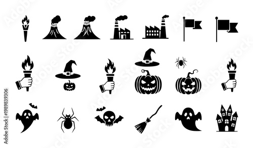 Halloween Icon Set with Pumpkin, Ghost, Skull, Witch Hat, Torch, Bat and Haunted House Symbols for Spooky Design, Horror Graphics and October Illustration