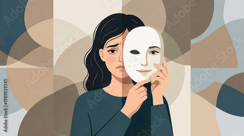 woman hiding behind a blank mask with split expressions representing world schizophrenia day, illustrating identity crisis, mental health, and hidden psychological struggles.