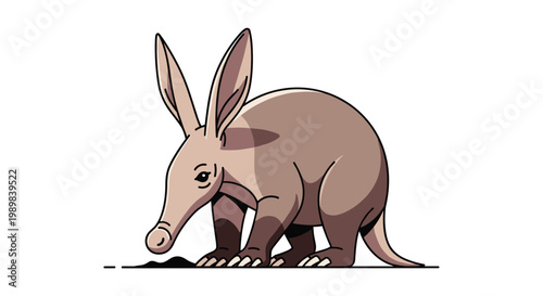 Adorable aardvark foraging on the ground with its long snout and distinctive ears, illustrated in a charming cartoon style on white.