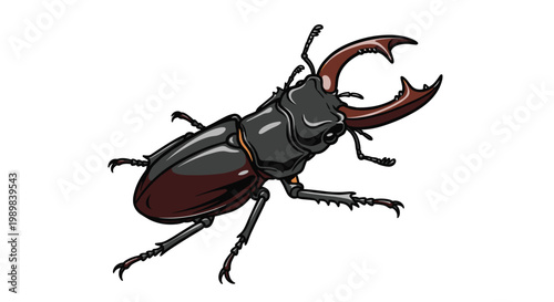 Impressive stag beetle with large mandibles, illustrated in intricate detail, showcasing its dark exoskeleton on a white background.
