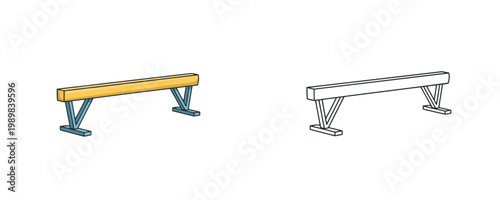 Gymnastic balance beam in flat color and black line styles featuring yellow and blue colors used for physical training, sports exercise and coordination activities