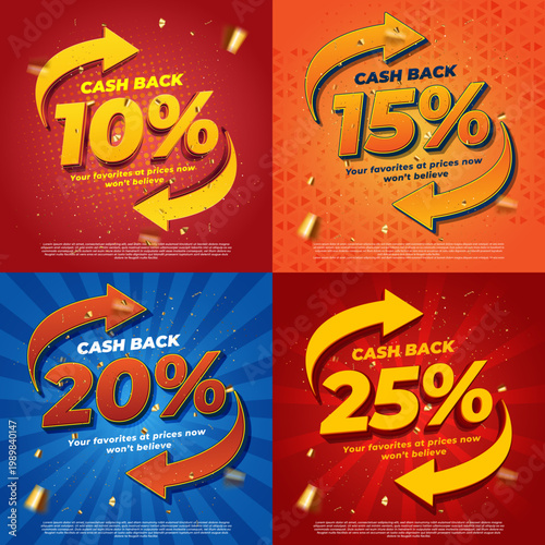 Cash back percentage offers: 10% with discount promotion, shopping percentage spending commerce consumer purchase, reimbursement incentive campaign advertising marketing, illustration.
