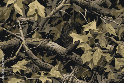 Real tree camouflage seamless pattern. Forest background. Oak tree design. 