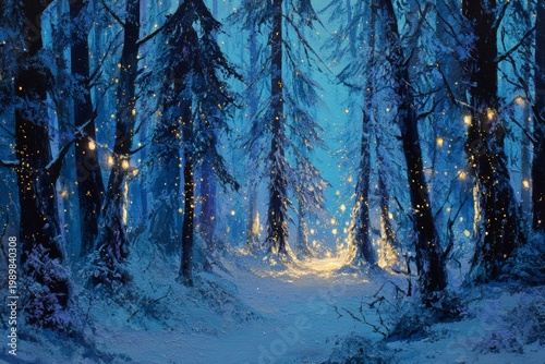 Hand-painted snowy forest with glowing lights, magical mood in dusk blue yellow tones. Xmas background. Holiday season backdrop.
