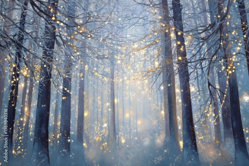 Hand-painted snowy forest with glowing lights, magical mood in pale blue yellow tones. Xmas background. Holiday season backdrop.