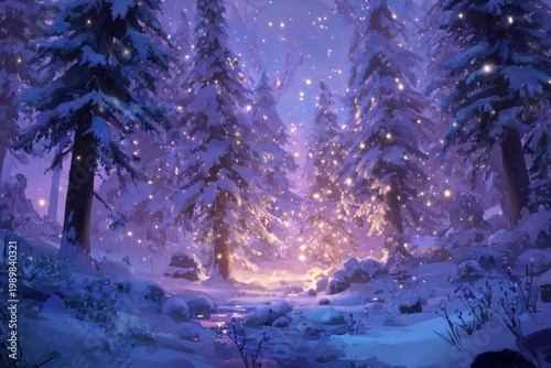 Hand-painted snowy forest with glowing lights, magical mood in purple lilac tones. Xmas background. Holiday season backdrop.
