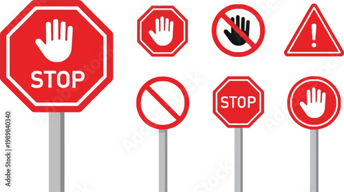 Collection of red road signs stop prohibition and warning symbols