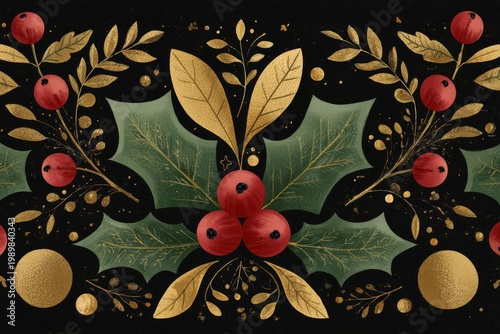 Illustrated Christmas card design with holly, mistletoe, and gold accents. Xmas background. Holiday season backdrop.