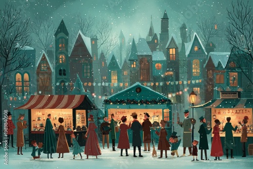 Christmas market scene with stalls and carolers vintage card illustration