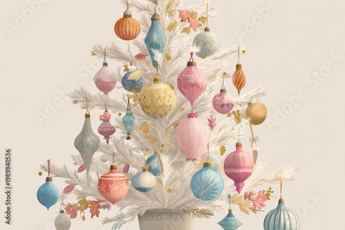 pastel color Christmas tree illustration with handmade ornaments, soft light colors palette, minimal postcard aesthetic 