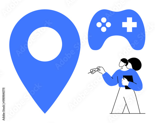 Navigation, gaming, education, creativity, location-based services, teamwork. Blue location pin, game controller and a person holding a notebook writing. Navigation and gaming concepts