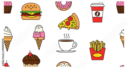 A colorful pattern featuring various sweet and savory food items